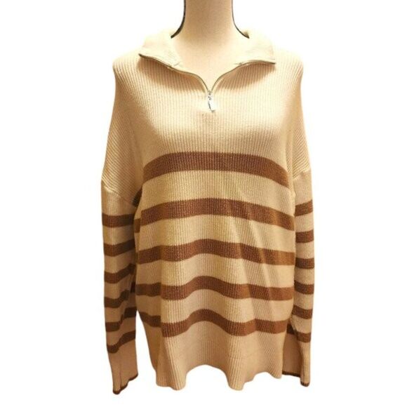 Dex Half Stripe 3/4 Zip Sweater in Cream & Sand, Size Medium - Picture 1 of 9